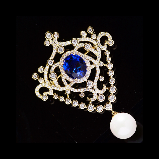 AVELIA Vintage Pearl Blue Zircon Brooch