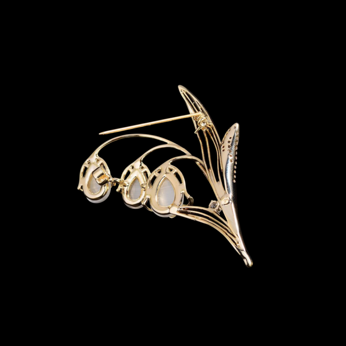 Gold Cat’s-Eye Glass Lily of the Valley Brooch