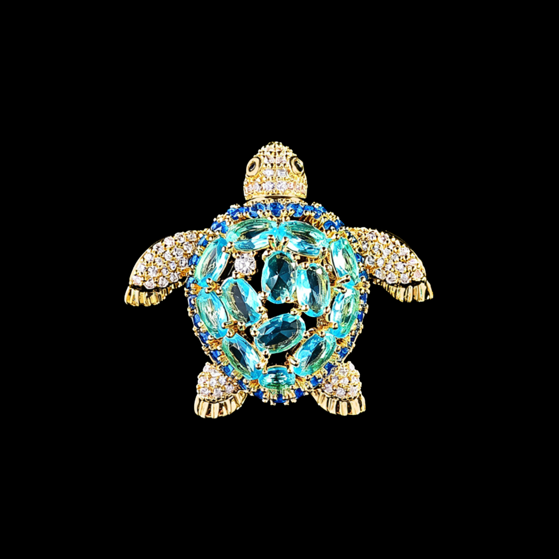 Gold Aqua Crystal Sea Turtle Brooch