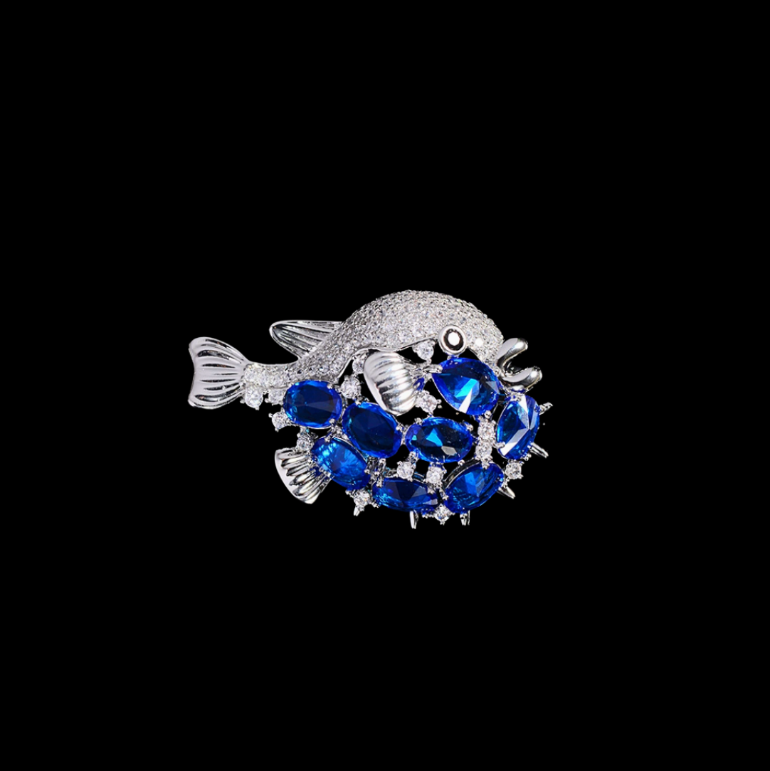 AVELIA Blue Crystal Pufferfish Brooch