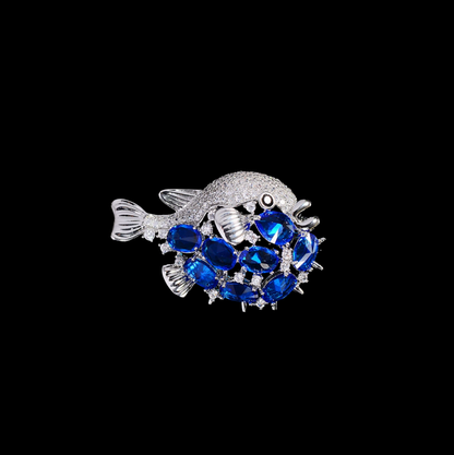AVELIA Blue Crystal Pufferfish Brooch