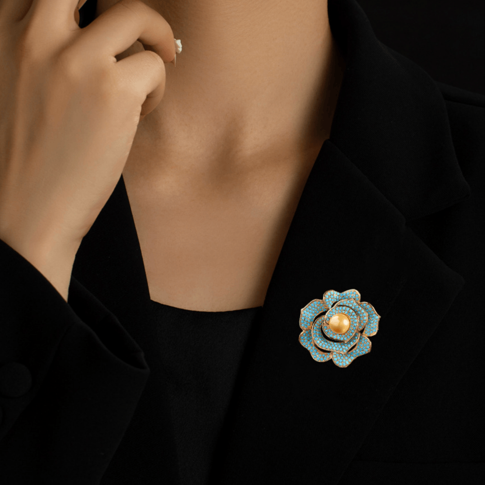 AVELIA Blue Gold Pearl Camellia Brooch