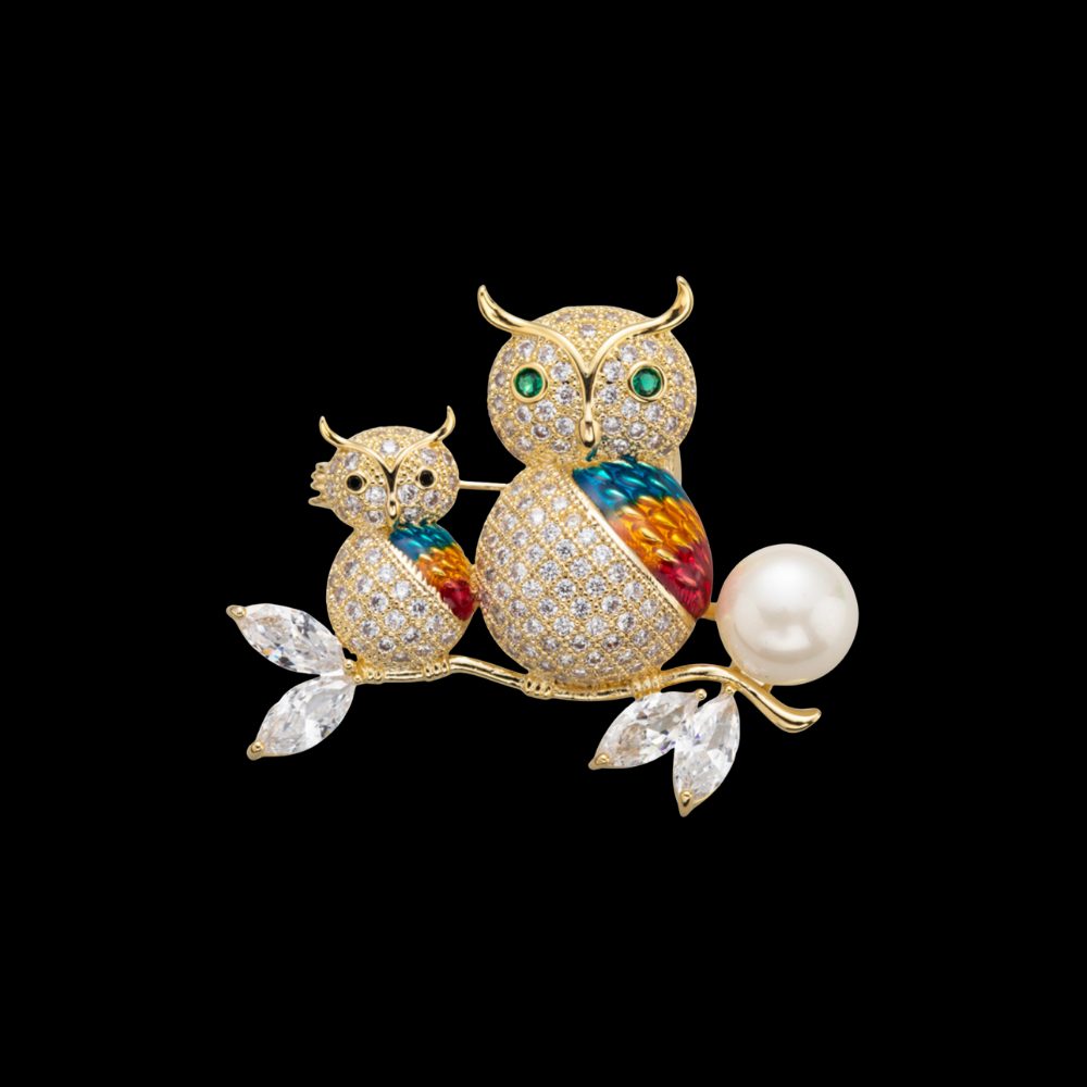 AVELIA Crystal Double Owl Pearl Brooch