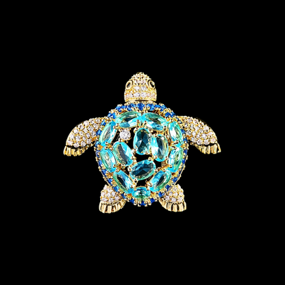 Gold Aqua Crystal Sea Turtle Brooch