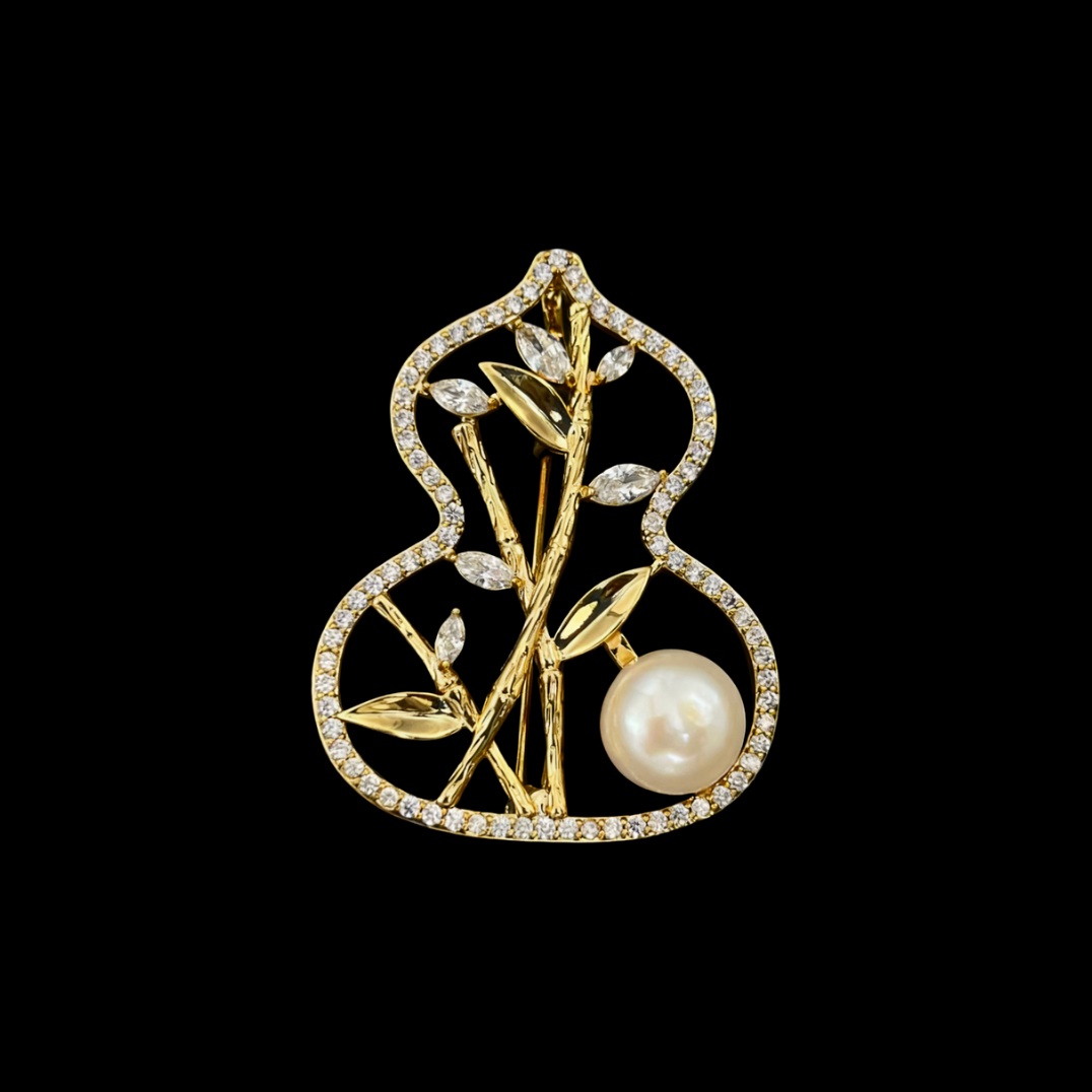 AVELIA Gold Bamboo Pearl Gourd Brooch