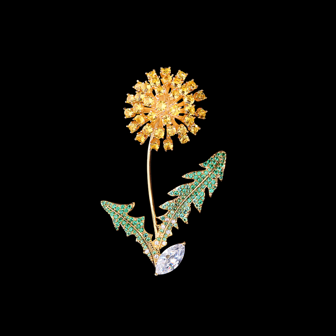 AVELIA Gold Crystal Dandelion Brooch with Green Leaves
