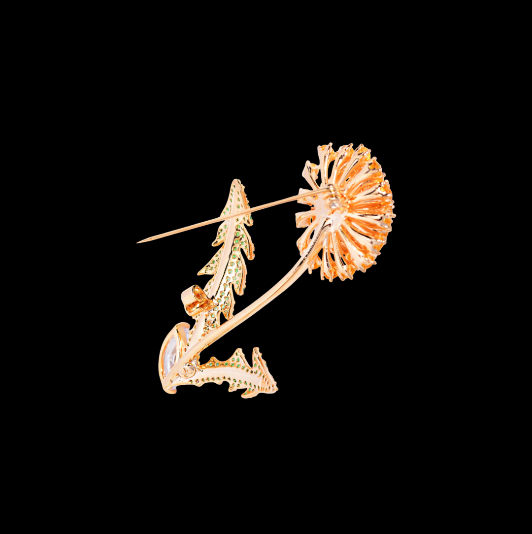AVELIA Gold Crystal Dandelion Brooch with Green Leaves