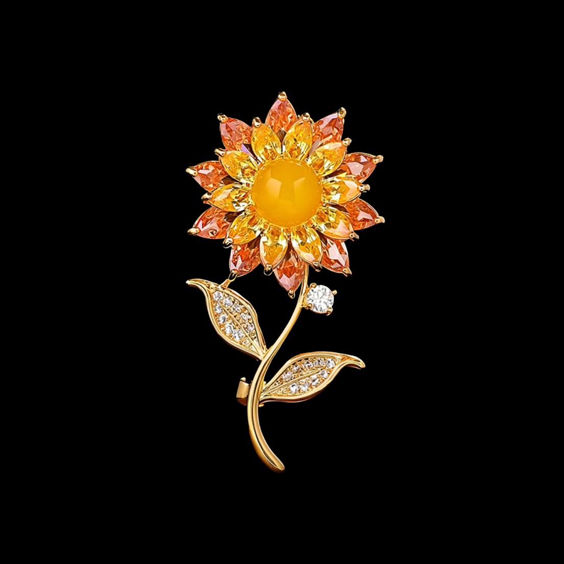 AVELIA Gold Crystal Sunflower Brooch with Amber Petals