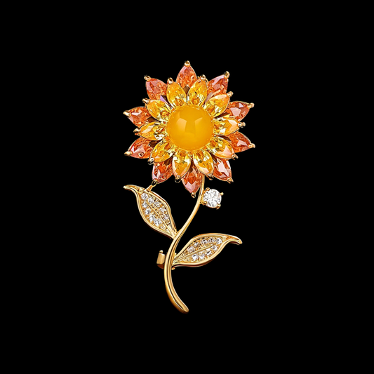 AVELIA Gold Crystal Sunflower Brooch with Amber Petals
