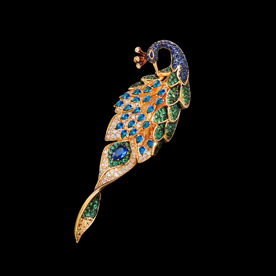 AVELIA Gold Peacock Brooch with Blue and Green Crystals