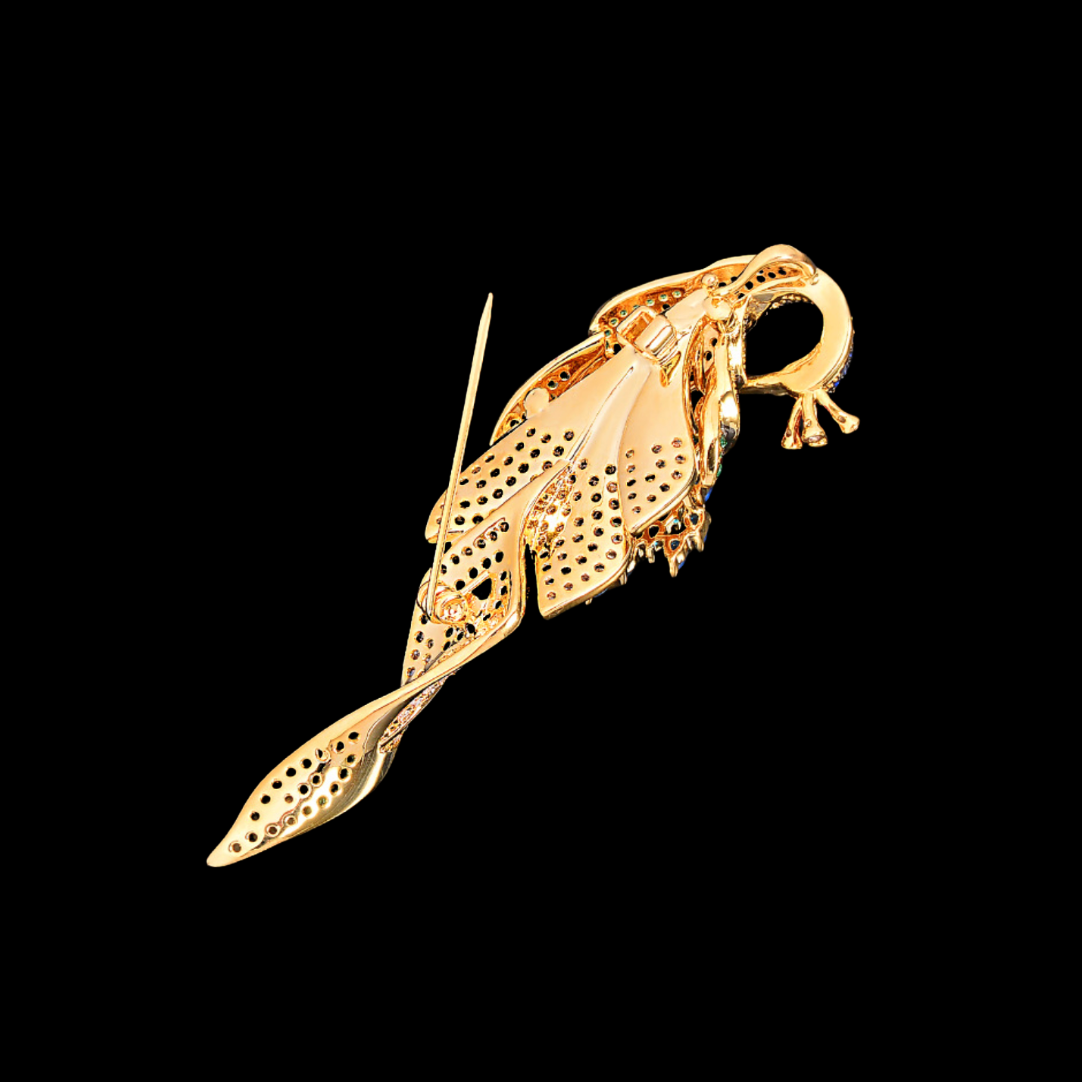 AVELIA Gold Peacock Brooch with Blue and Green Crystals