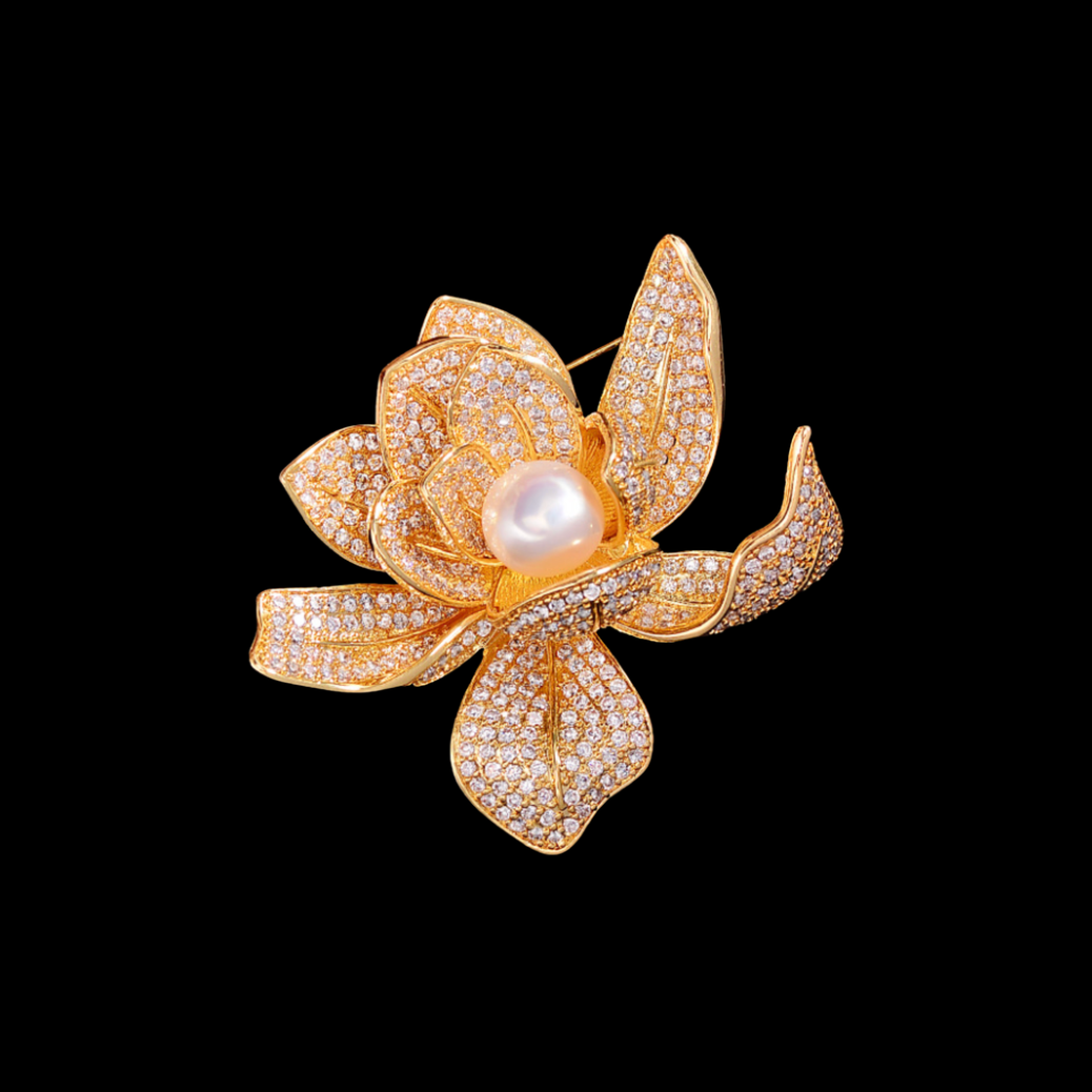 AVELIA Gold Water Lily Brooch with Pearl Accent