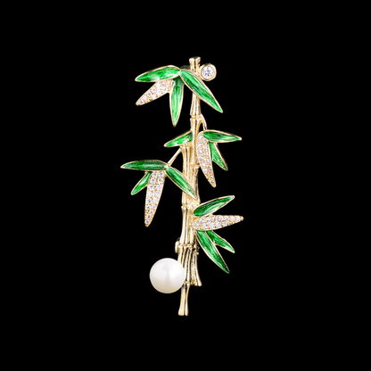 AVELIA Green Enamel Pearl Bamboo Brooch
