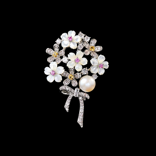 White Pearl Floral Bouquet Brooch with Crystal Bow