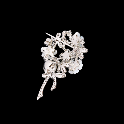 White Pearl Floral Bouquet Brooch with Crystal Bow