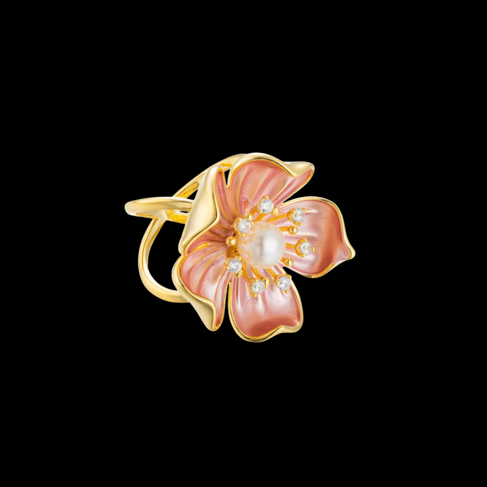 AVELIA Pink Enamel Cherry Blossom Scarf Ring