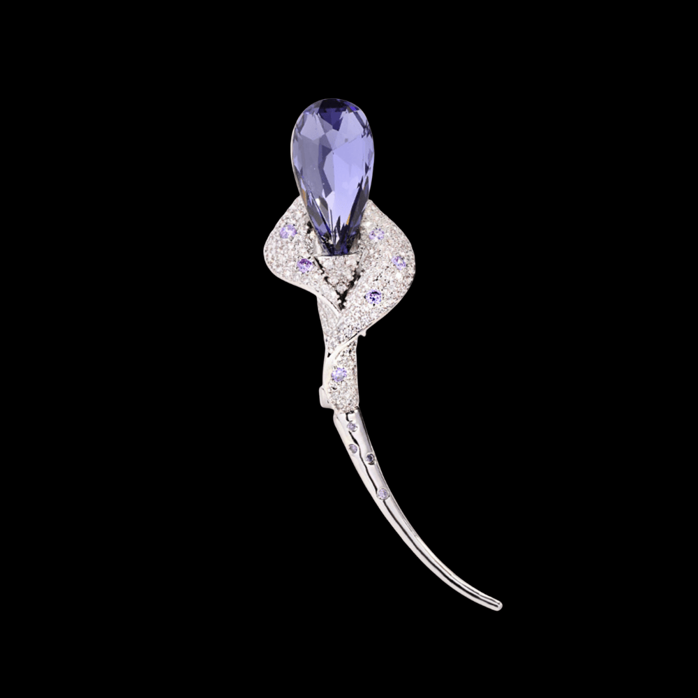 AVELIA silver calla lily brooch featuring a large lavender teardrop crystal and a encrusted petal on a long curved stem.