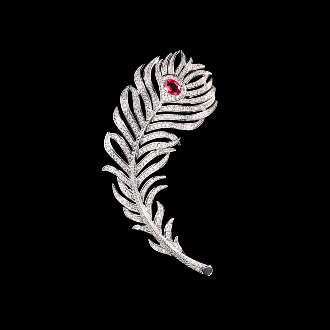 AVELIA Silver Peacock Feather Brooch with Red Crystal