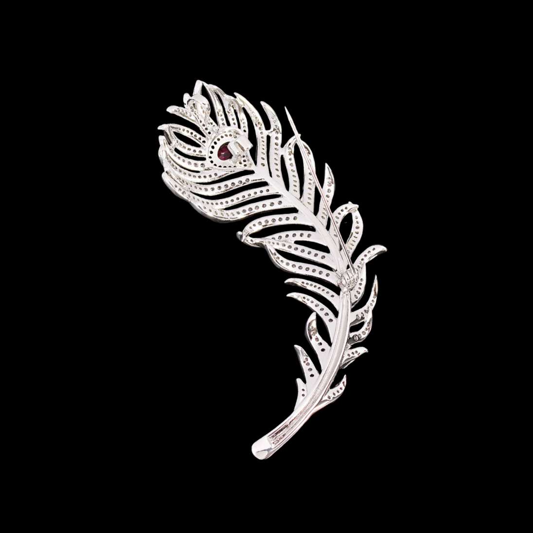 AVELIA Silver Peacock Feather Brooch with Red Crystal