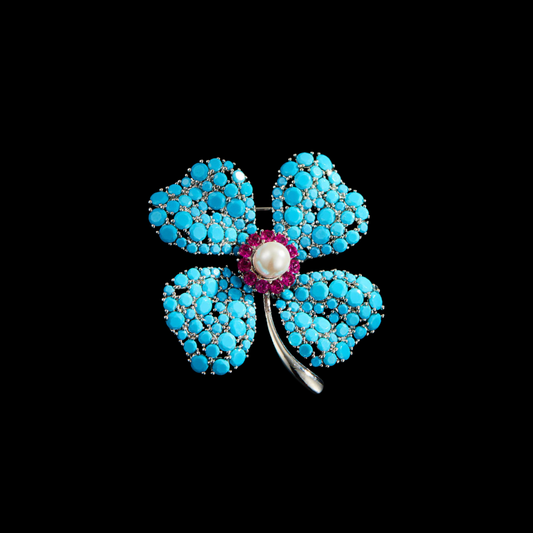 AVELIA Turquoise Pearl Four Leaf Clover Brooch
