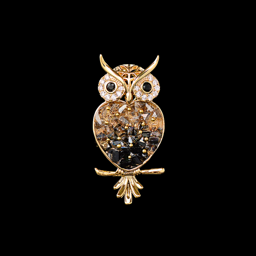 AVELIA Vintage Champagne Crystal Owl Brooch