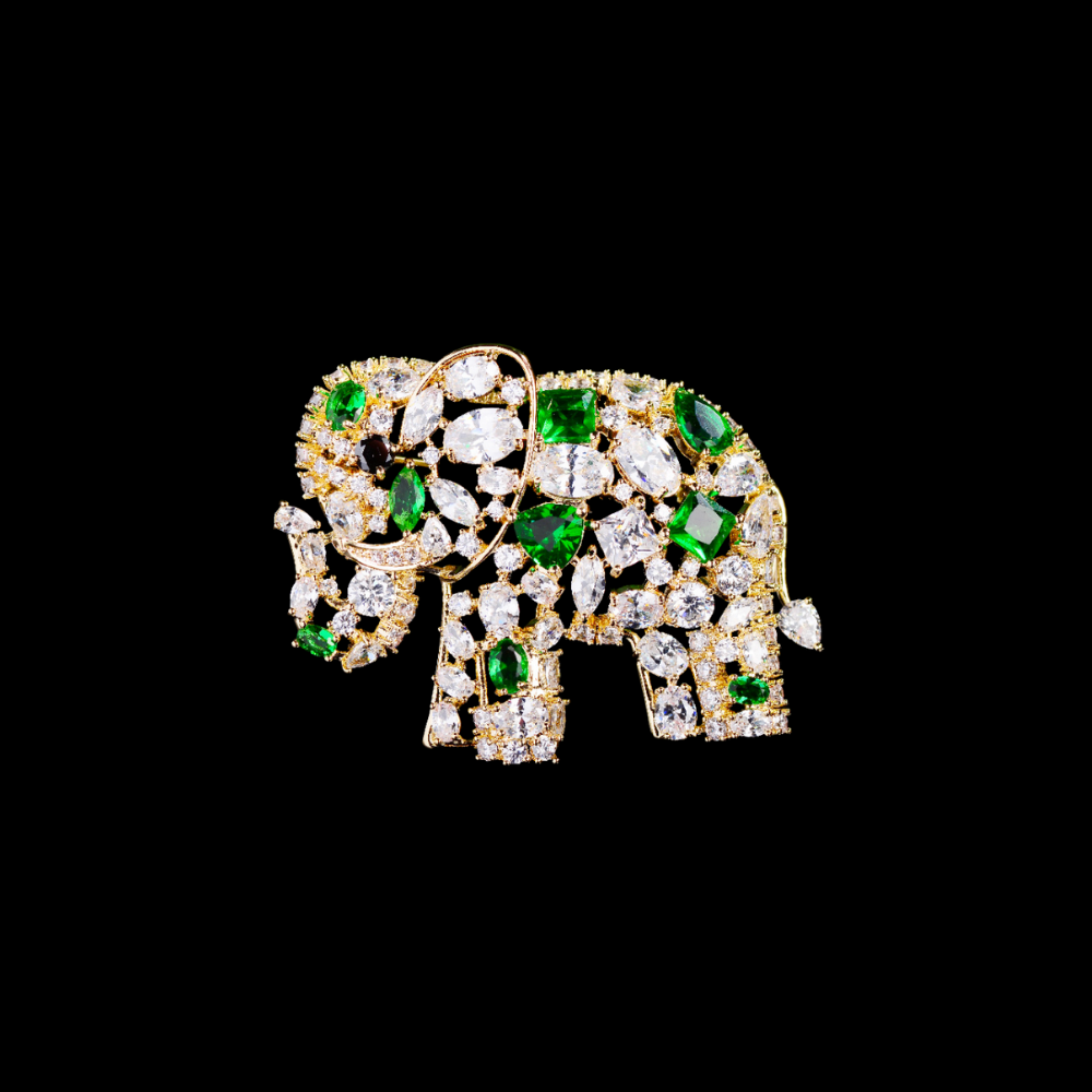 AVELIA Vintage Green Crystal Elephant Brooch