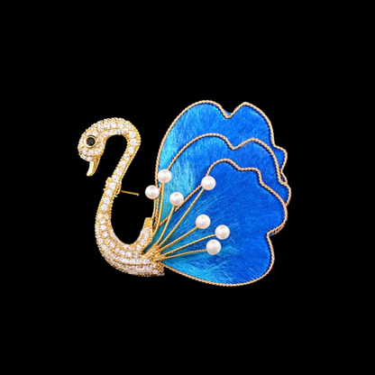 AVELIA Azure Plume Silk Velvet Swan Brooch