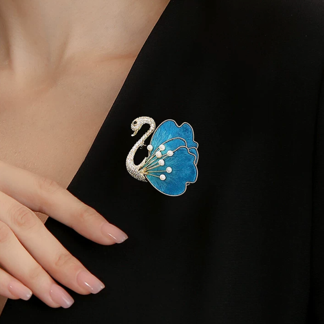 AVELIA Azure Plume Silk Velvet Swan Brooch