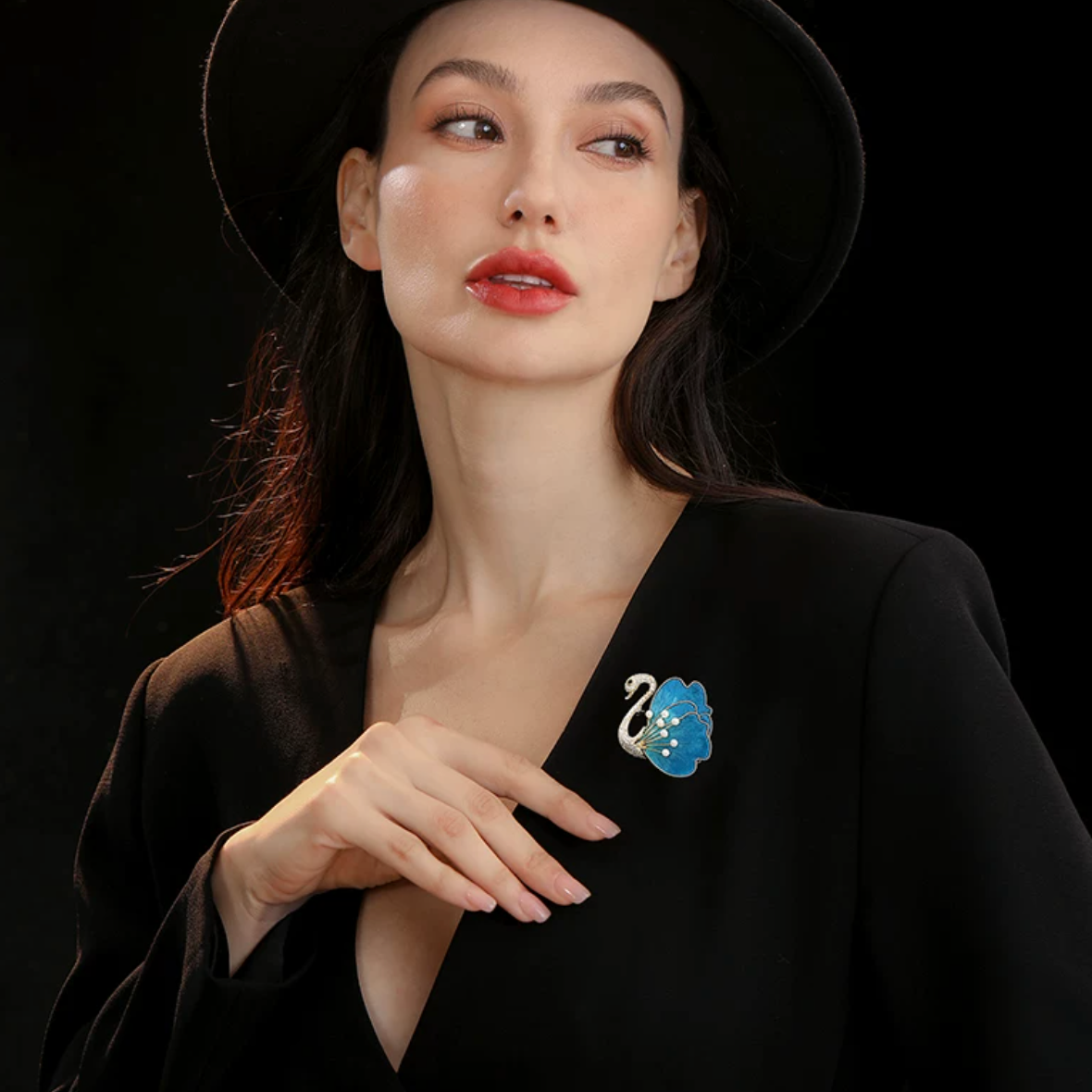 AVELIA Azure Plume Silk Velvet Swan Brooch