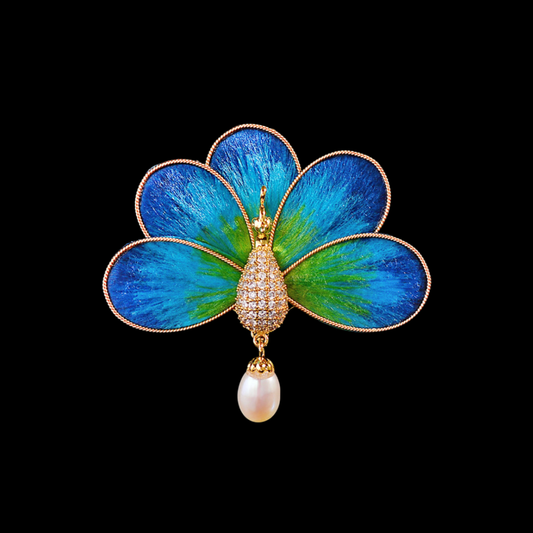 AVELIA Blue Silk Velvet Peacock Brooch