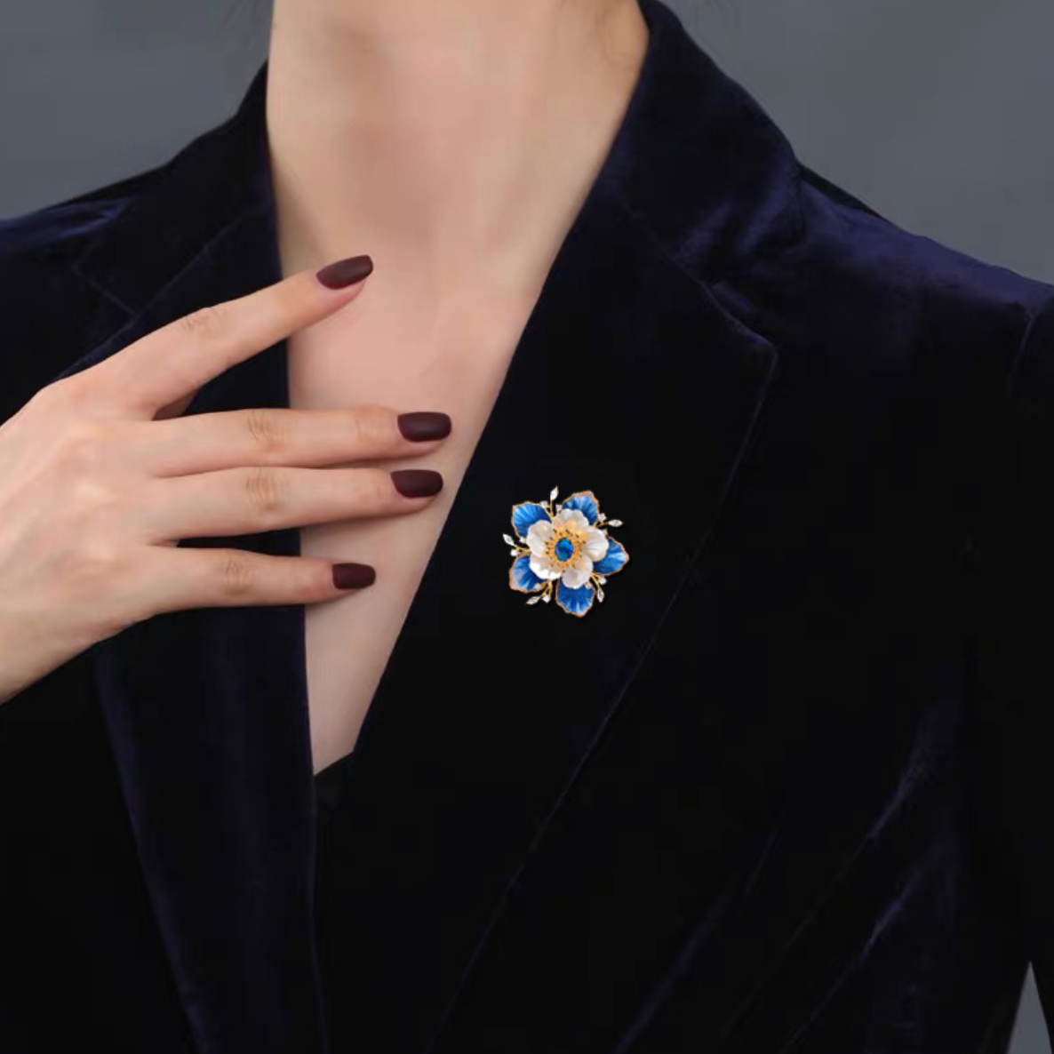 AVELIA Blue Veil Silk Velvet Peony Brooch