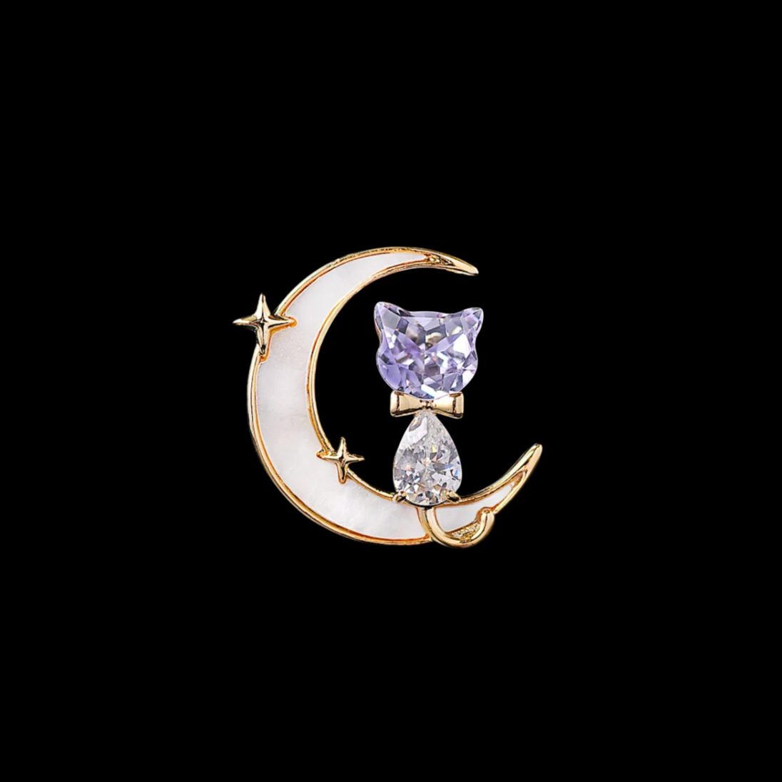 AVELIA Crystal Cat Crescent Moon Brooch