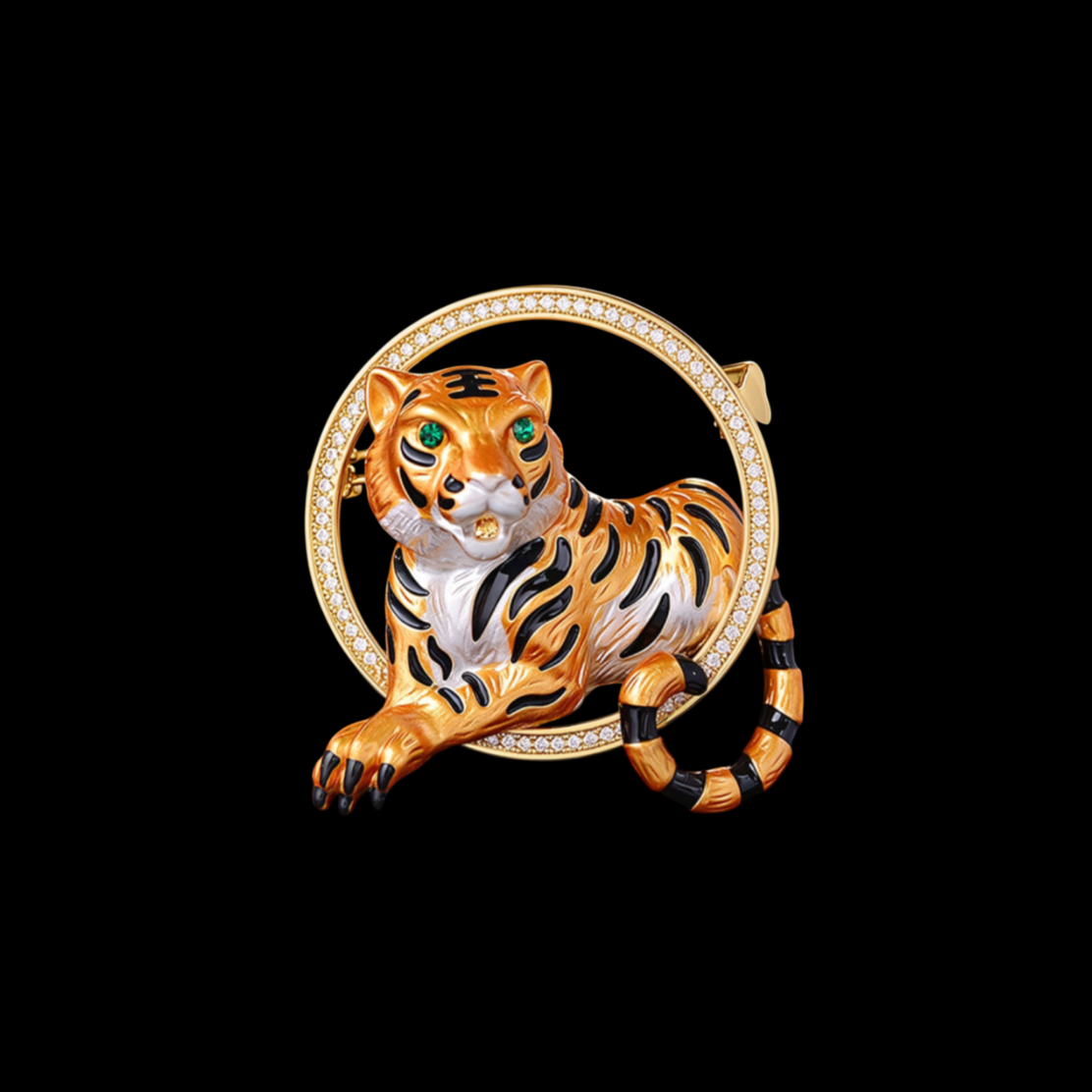 AVELIA Gold Enamel Tiger Brooch with Green Eyes
