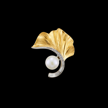 AVELIA Golden Fan Ginkgo Pearl Brooch