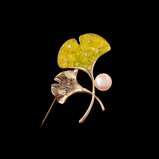 AVELIA Golden Twin Ginkgo Pearl Brooch