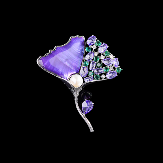 AVELIA Purple Crystal Ginkgo Pearl Brooch