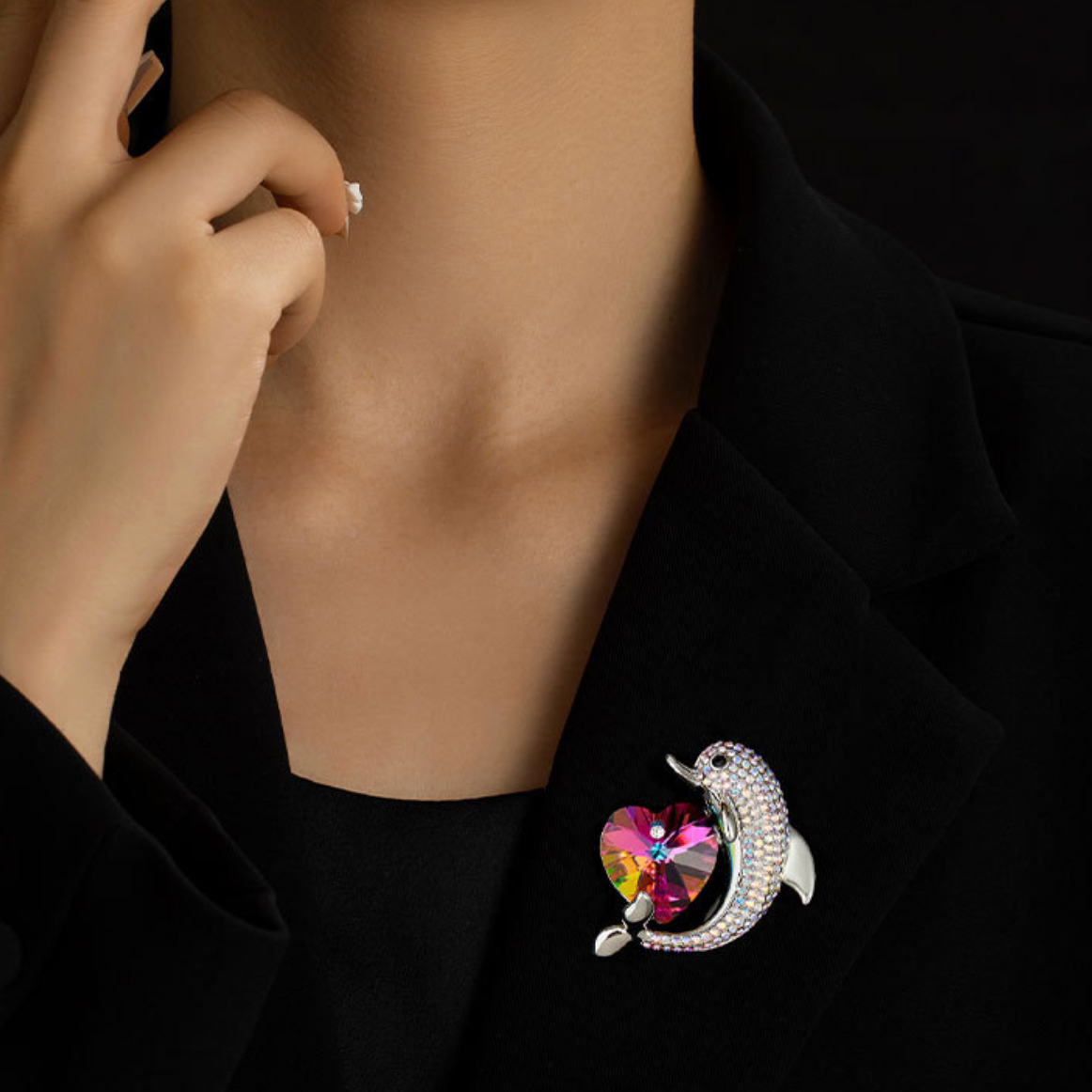 AVELIA Rainbow Heart Dolphin Brooch
