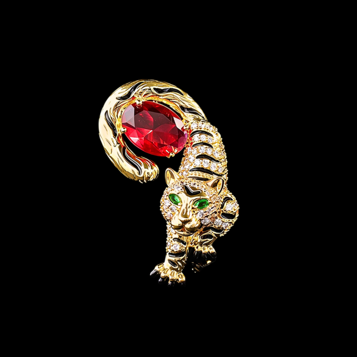 AVELIA Red Crystal Tiger Brooch with Green Eyes