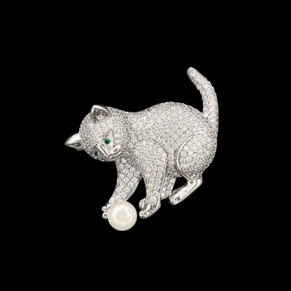 AVELIA Silver Crystal Cat with Pearl Brooch