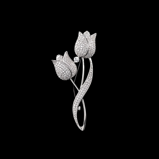 AVELIA Silver Crystal Twin Tulip Brooch