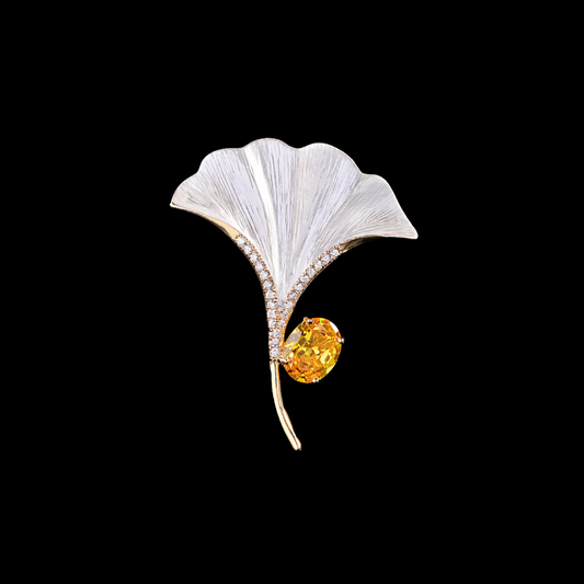 AVELIA Silver Ginkgo Citrine Crystal Brooch