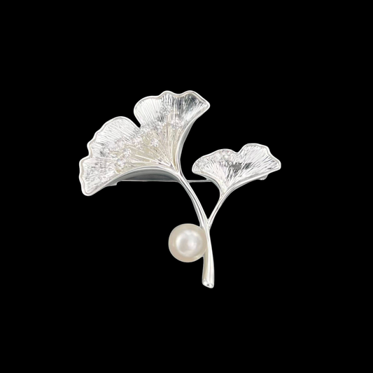 AVELIA Silver Twin Ginkgo Pearl Brooch