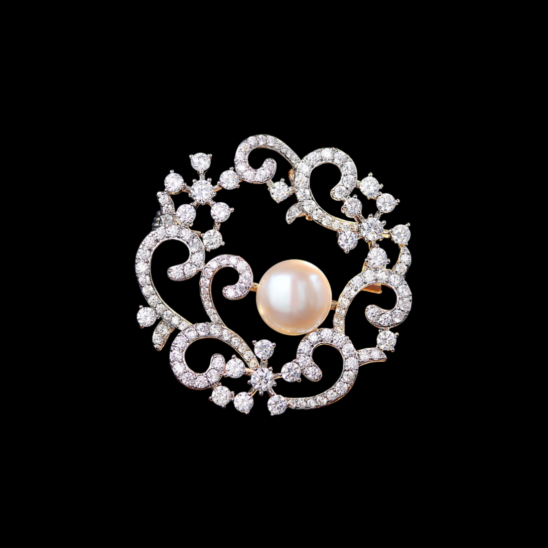AVELIA Vintage Crystal Pearl Scroll Wreath Brooch
