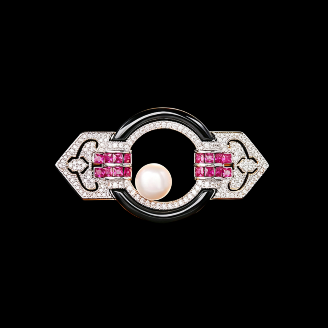Art Deco Black and Pink Crystal Brooch