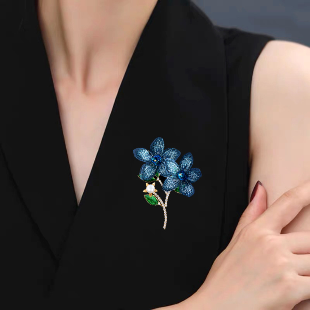 AVELIA Fortunelle Fabric-Inspired Blue Bloom Brooch