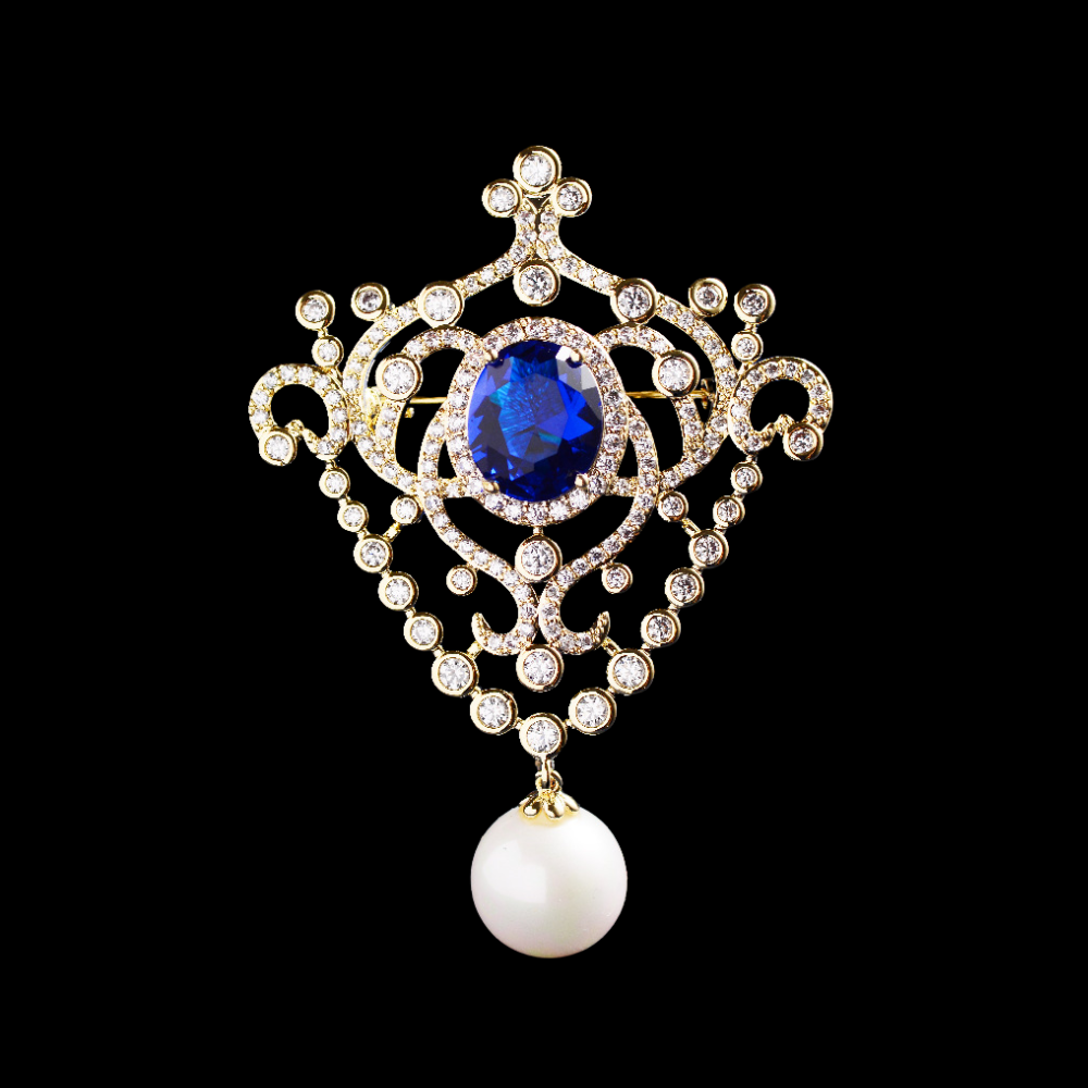 AVELIA Vintage Pearl Blue Zircon Brooch
