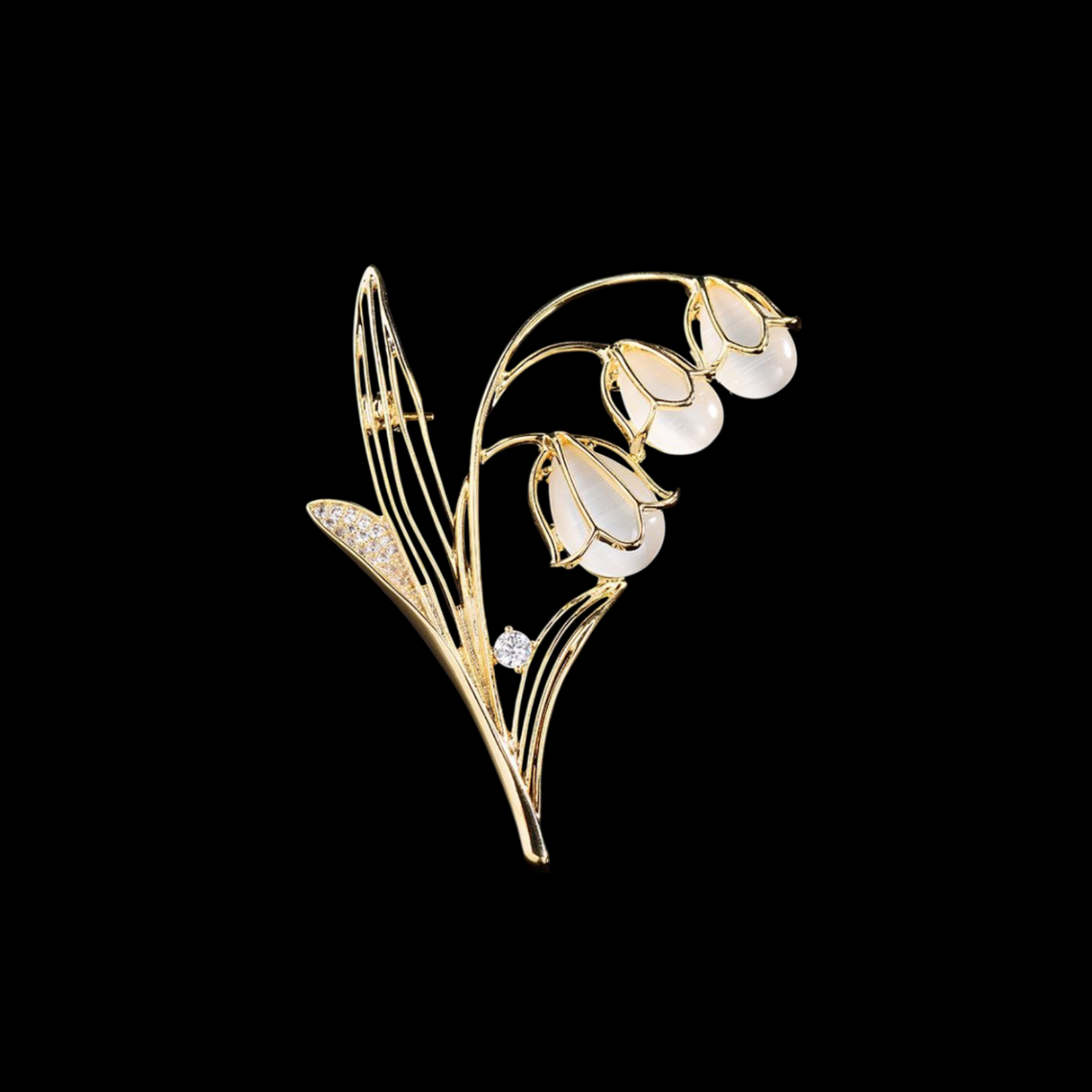 Gold Cat’s-Eye Glass Lily of the Valley Brooch