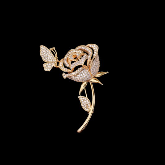 Gold Crystal Rose Brooch with Butterfly