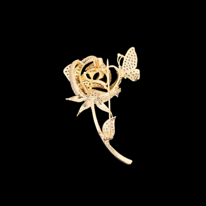 Gold Crystal Rose Brooch with Butterfly